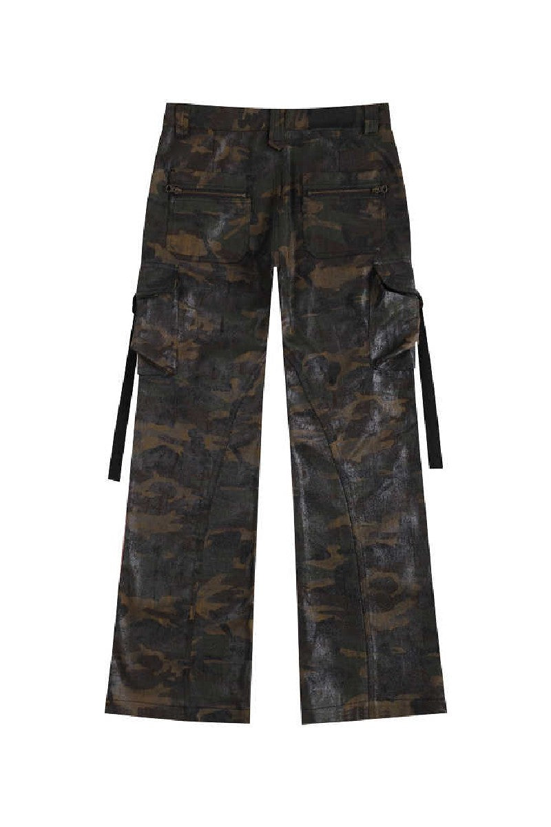 Waxed Camo Flared Cargo Pants
