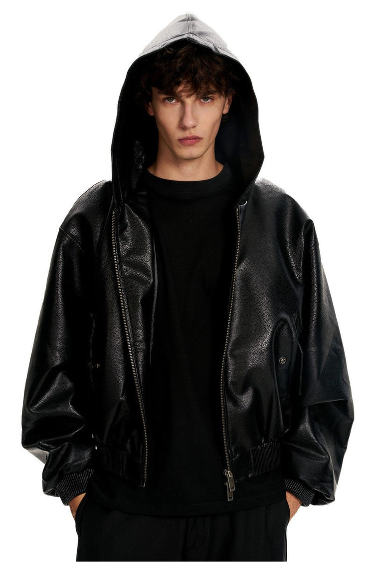 Black PU Hooded Jacket — Trenqor Basics — view 4