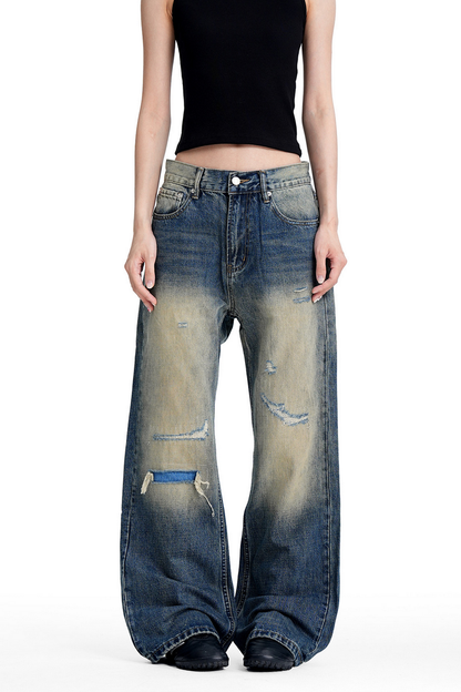 Ripped Whisker Straight Jeans