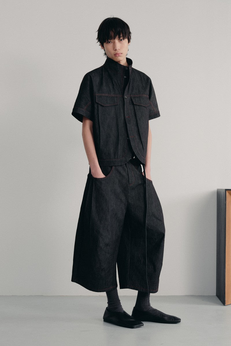 Raw Denim Stand Collar Shirt — JCAESAR — view 3