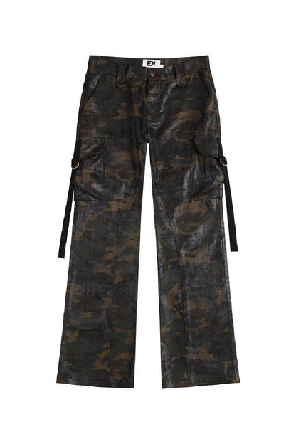 Waxed Camo Flared Cargo Pants