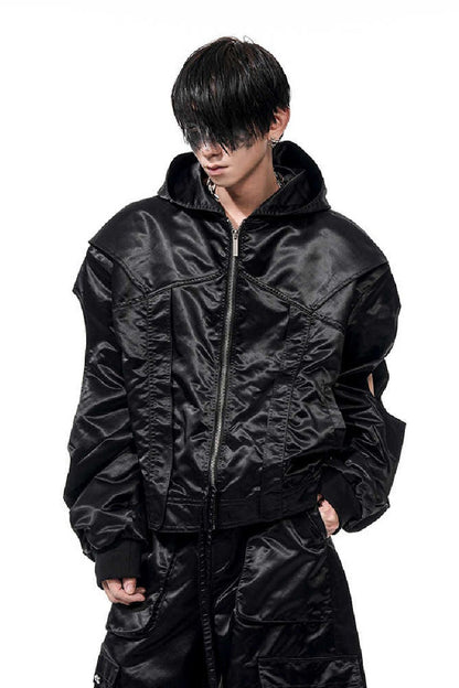 Cropped Hooded Ruched Sleeve Bomber Jacket