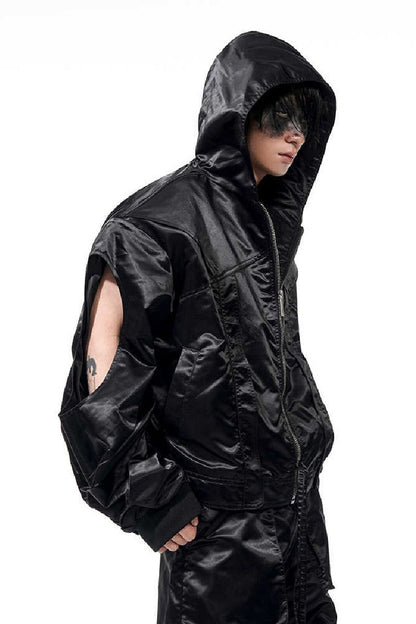 Cropped Hooded Ruched Sleeve Bomber Jacket