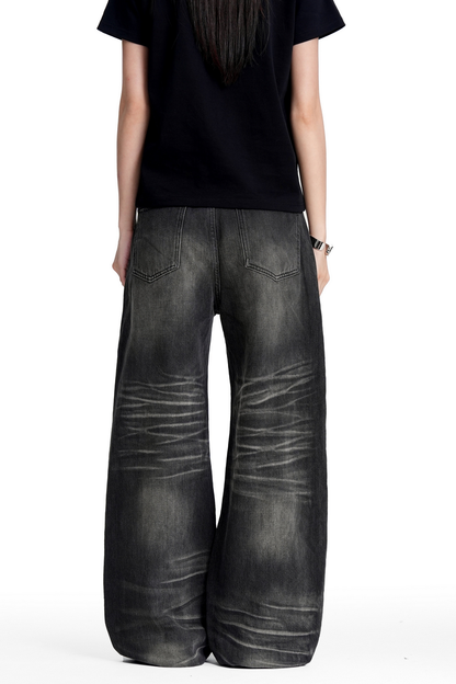 Faded Whiskered Wide Jeans