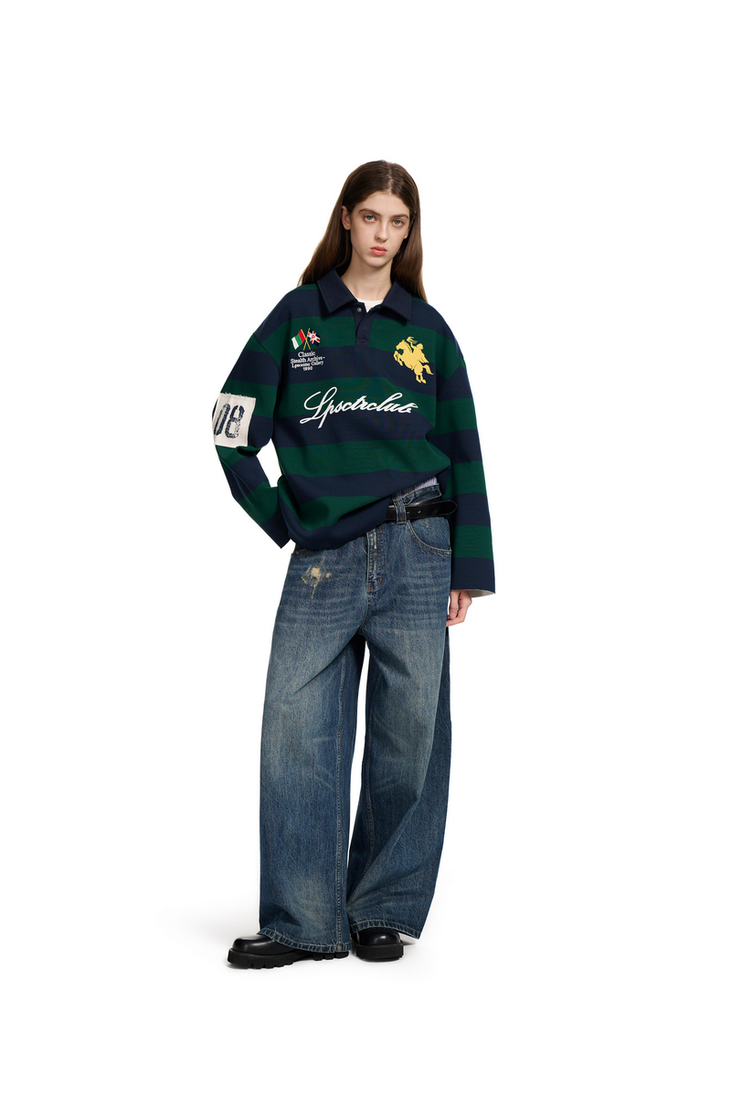 Striped Polo Collar Sweatshirt