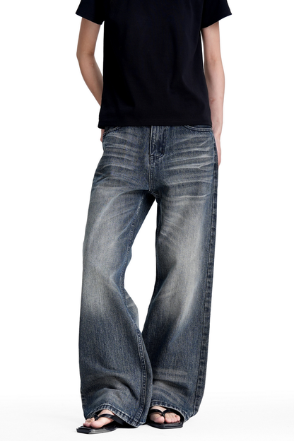 Whiskered Wide Leg Jeans