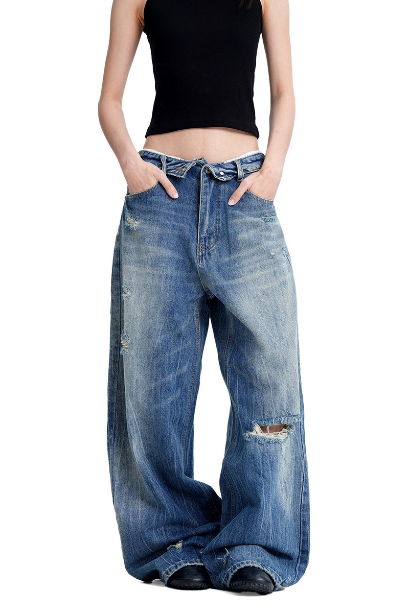 Ripped Cuffed Waist Jeans