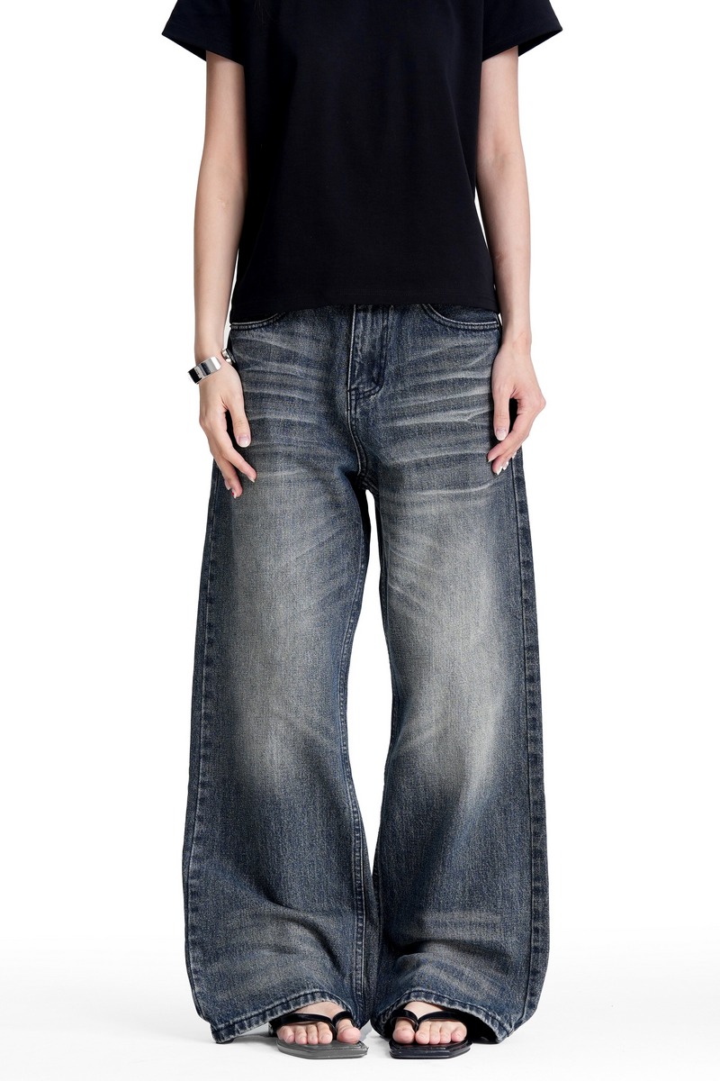 Whiskered Wide Leg Jeans