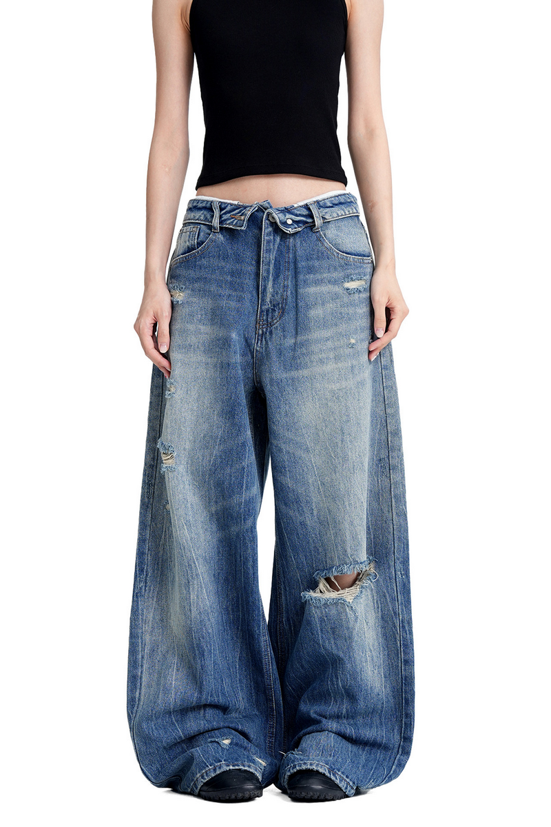 Ripped Cuffed Waist Jeans
