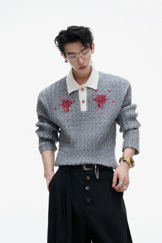 Sequin Collar Fitted Knit Sweater