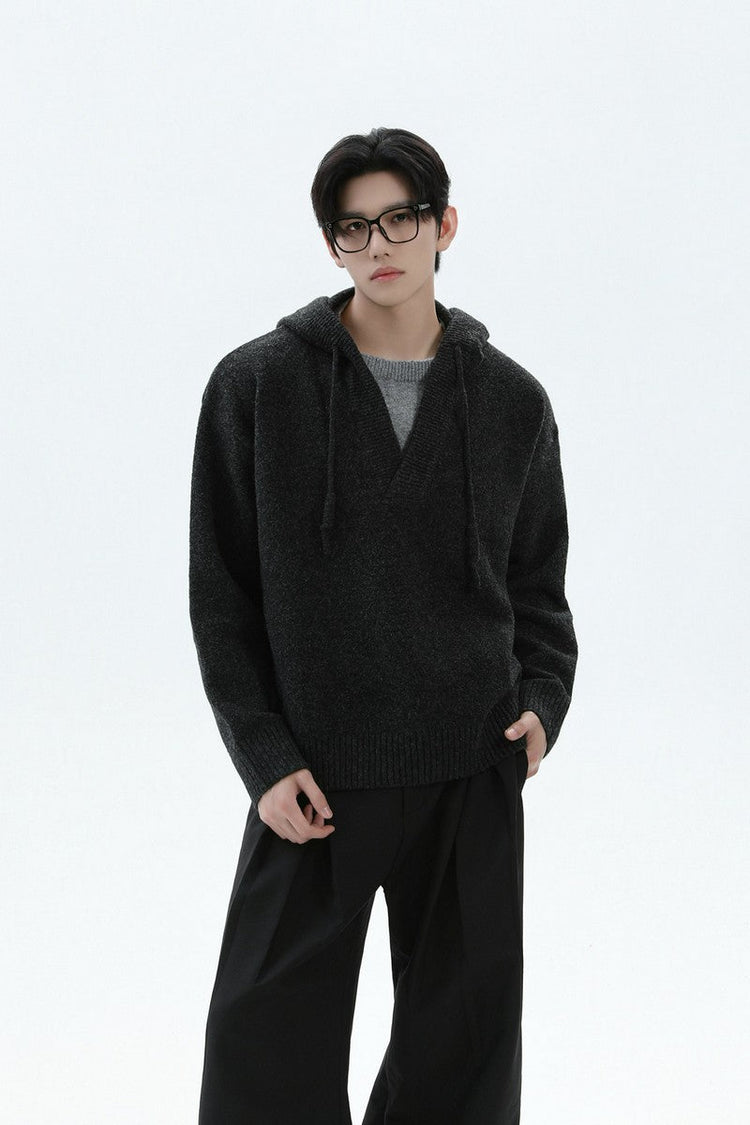 Heavyweight Layered Look Hooded Knit Sweater — Turntide — view 4