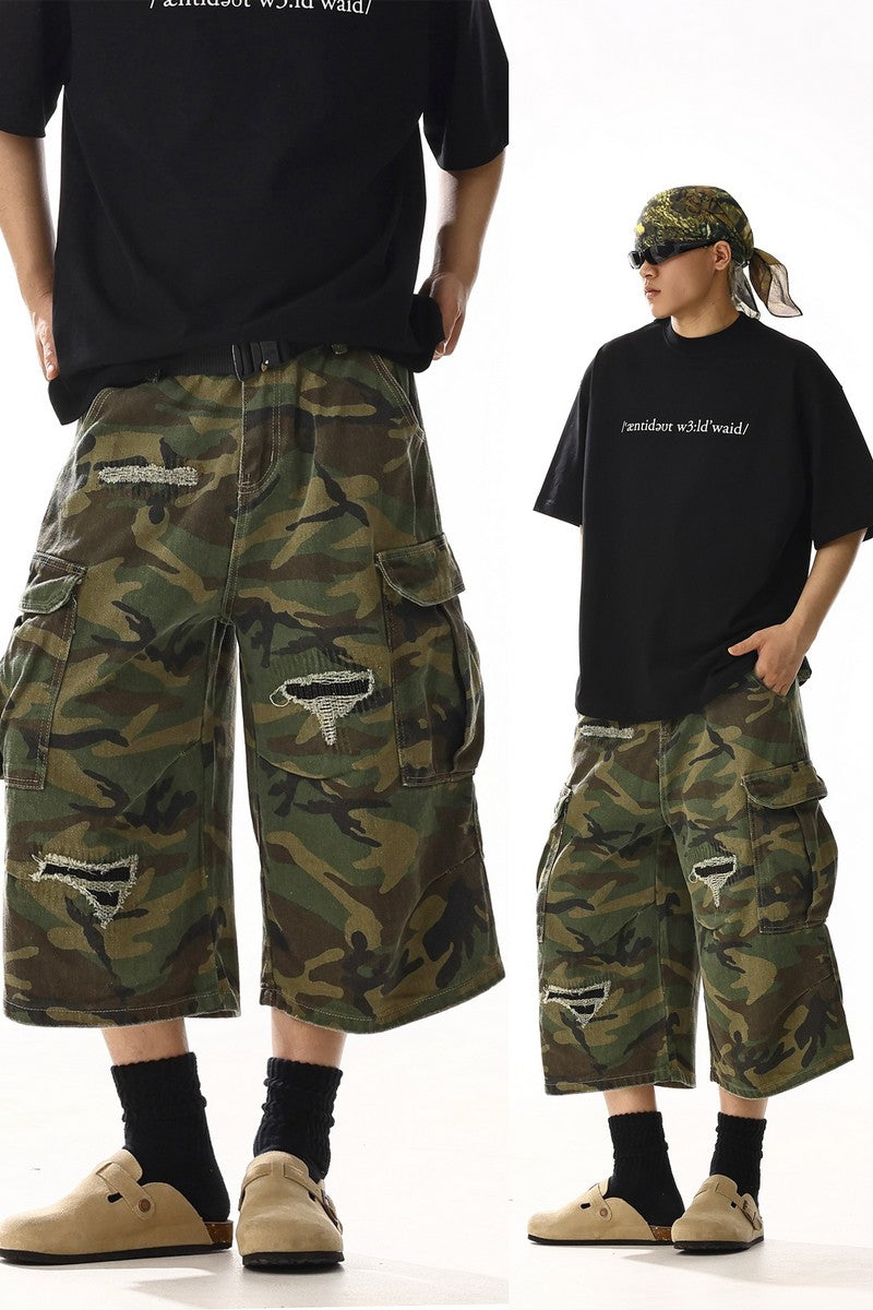 Distressed Camo Cargo Shorts