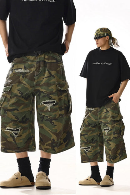 Distressed Camo Cargo Shorts