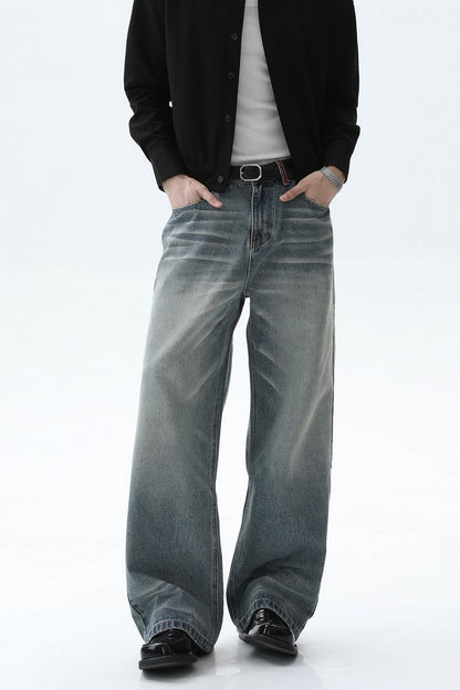 Faded Whisker Wash Wide Leg Jeans