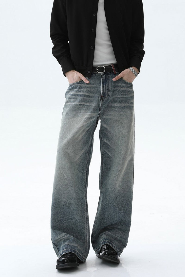 Faded Whisker Wash Wide Leg Jeans