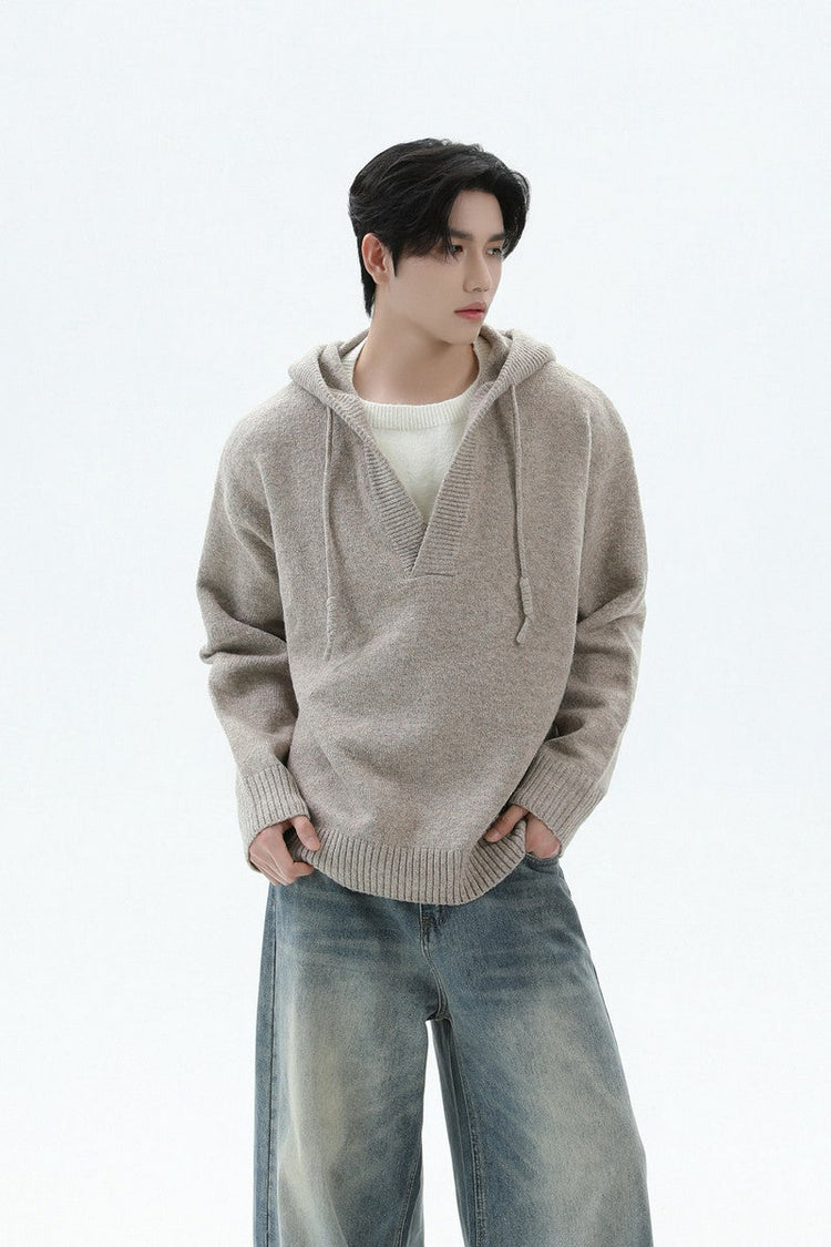Heavyweight Layered Look Hooded Knit Sweater — Turntide — view 5