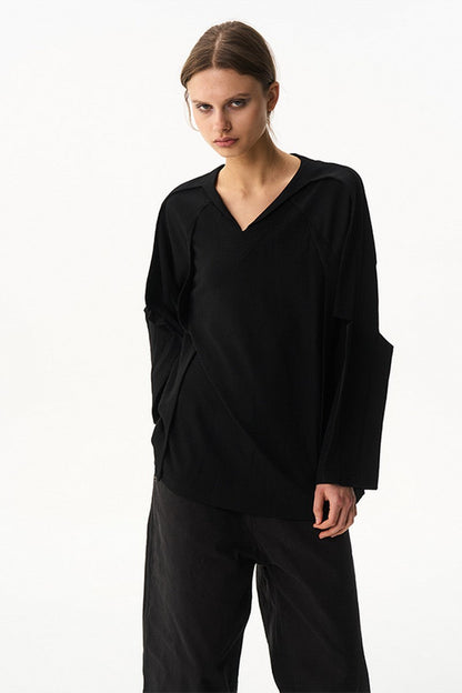 Contrast V Neck Long Sleeve Tee