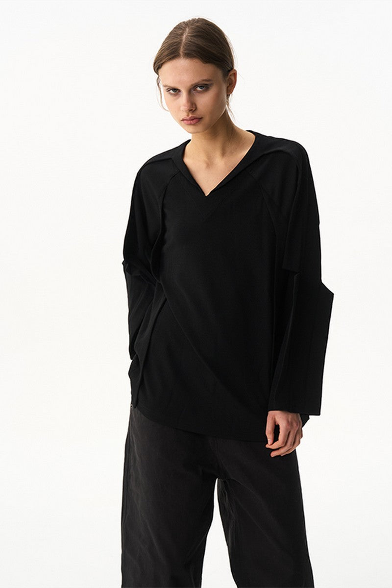 Contrast V Neck Long Sleeve Tee