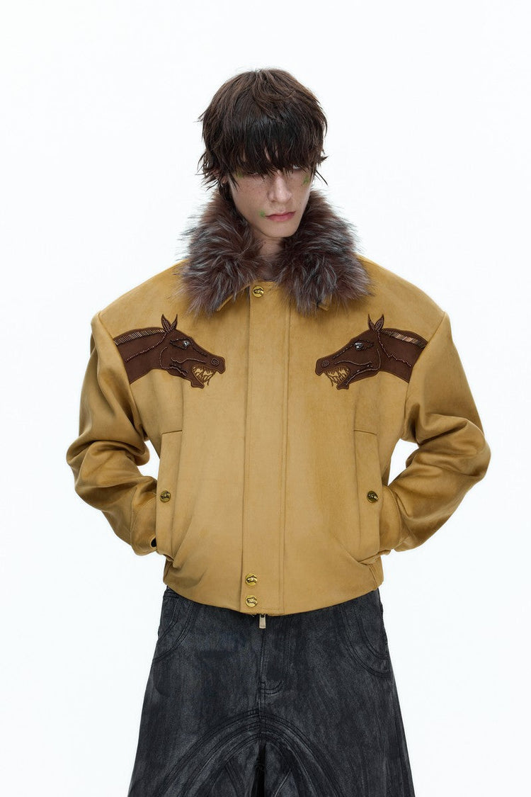 Suede Fur Collar Embellished Jacket