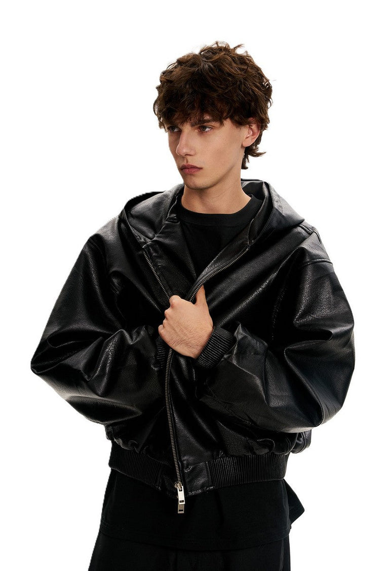 Black PU Hooded Jacket — Trenqor Basics — view 3