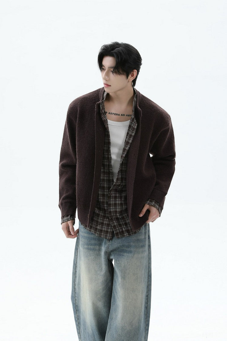 Layered Look Plaid Knit Cardigan — Turntide — view 2