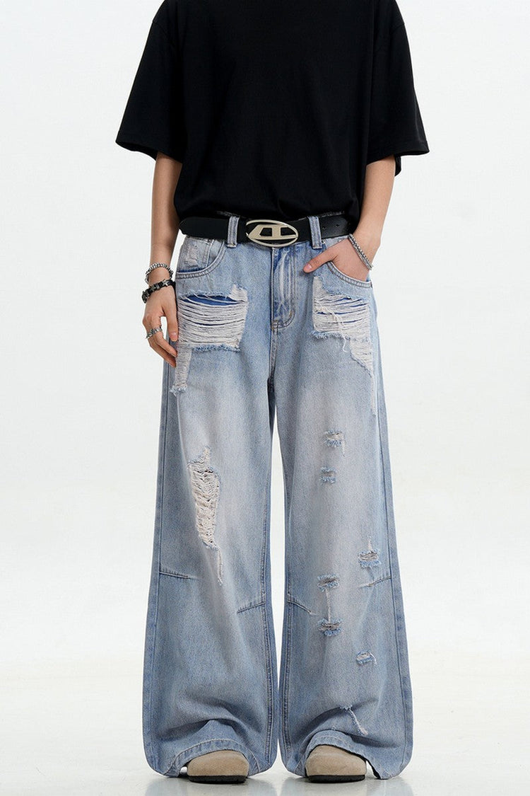 Light Blue Ripped Loose Jeans — Trenqor Basics — view 4