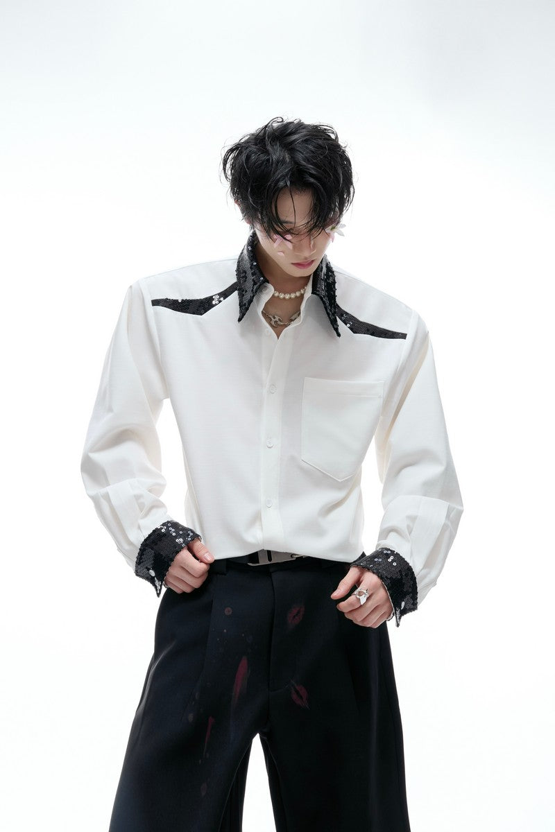 Colorblock Sequin Draped Shoulder Shirt