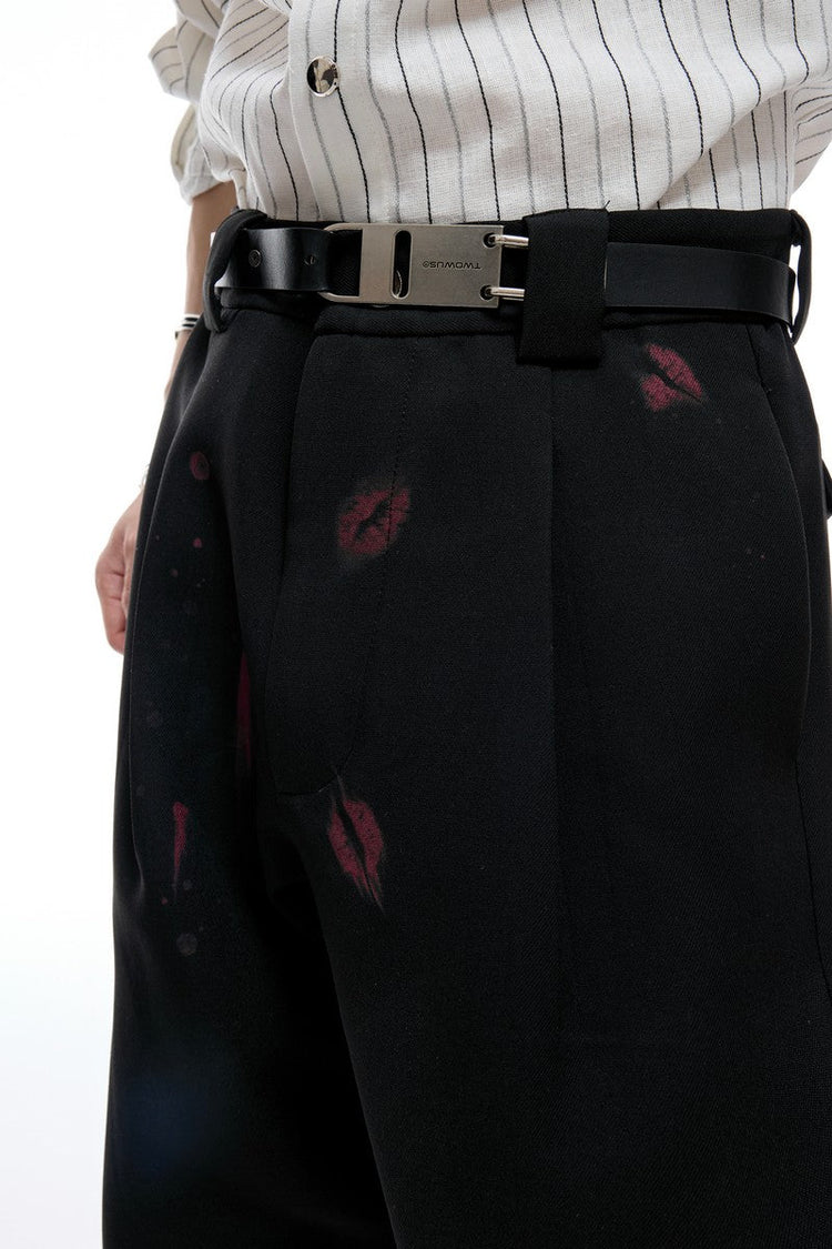 Lipstick Print Pleated Flare Trousers — Argue Culture — view 2