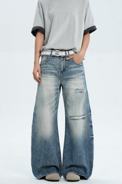 Destroyed Washed Wide Jeans — Trenqor Basics — view 3