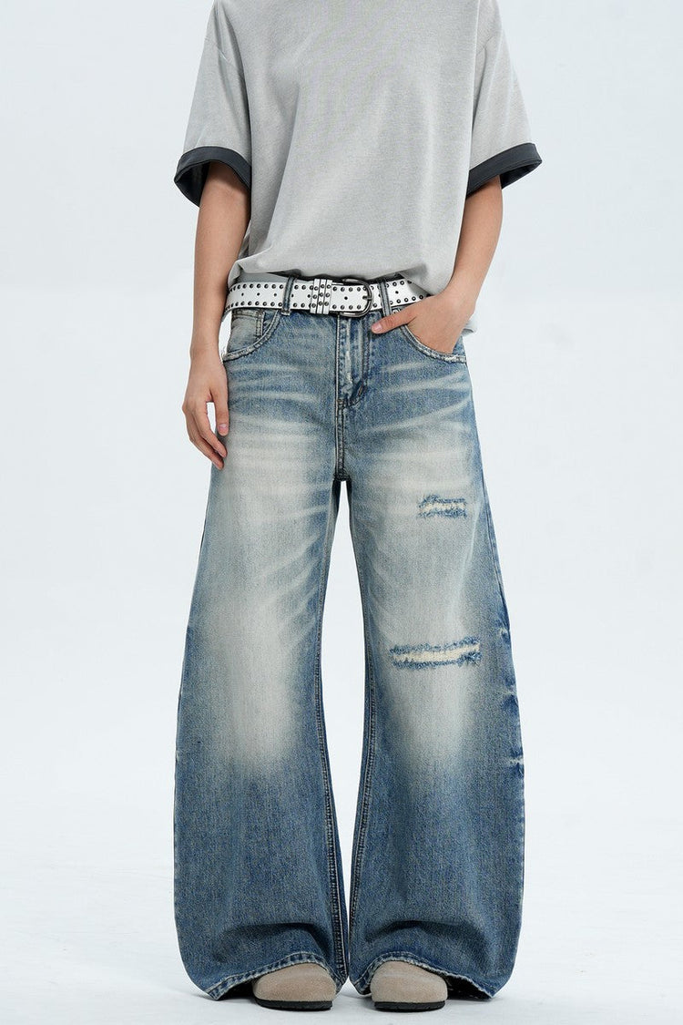 Destroyed Washed Wide Jeans — Trenqor Basics — view 3