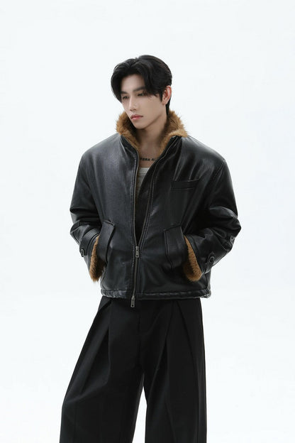 Faux Leather Fur Collar Puffer