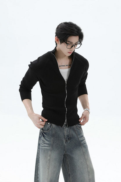 Fitted Ribbed Knit Zip Cardigan