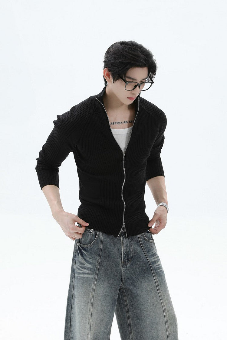 Fitted Ribbed Knit Zip Cardigan — Turntide — view 3