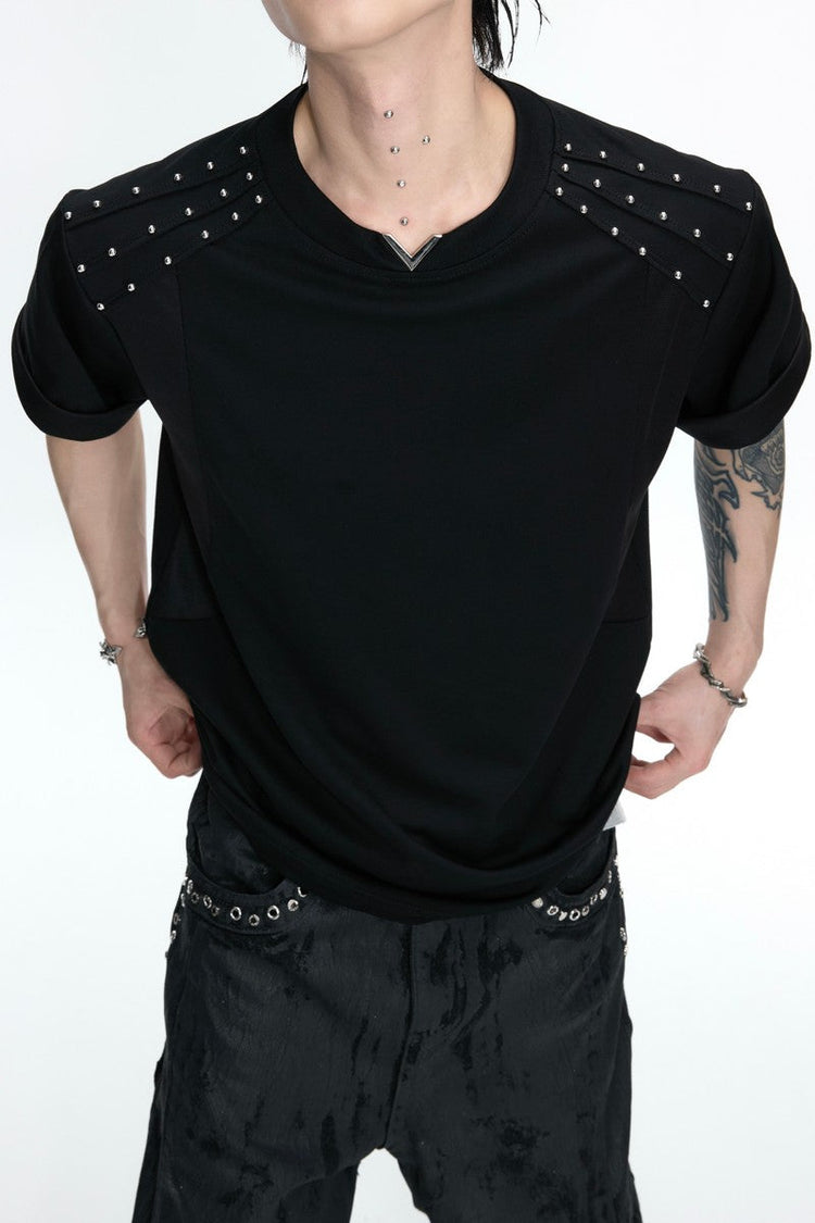 Pleated Studded V-Neck T-Shirt — Argue Culture — view 3