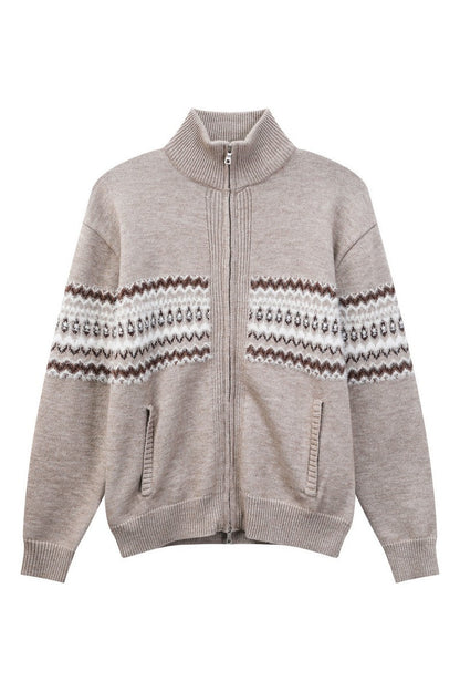 Heavyweight Fair Isle Knit Zip Cardigan