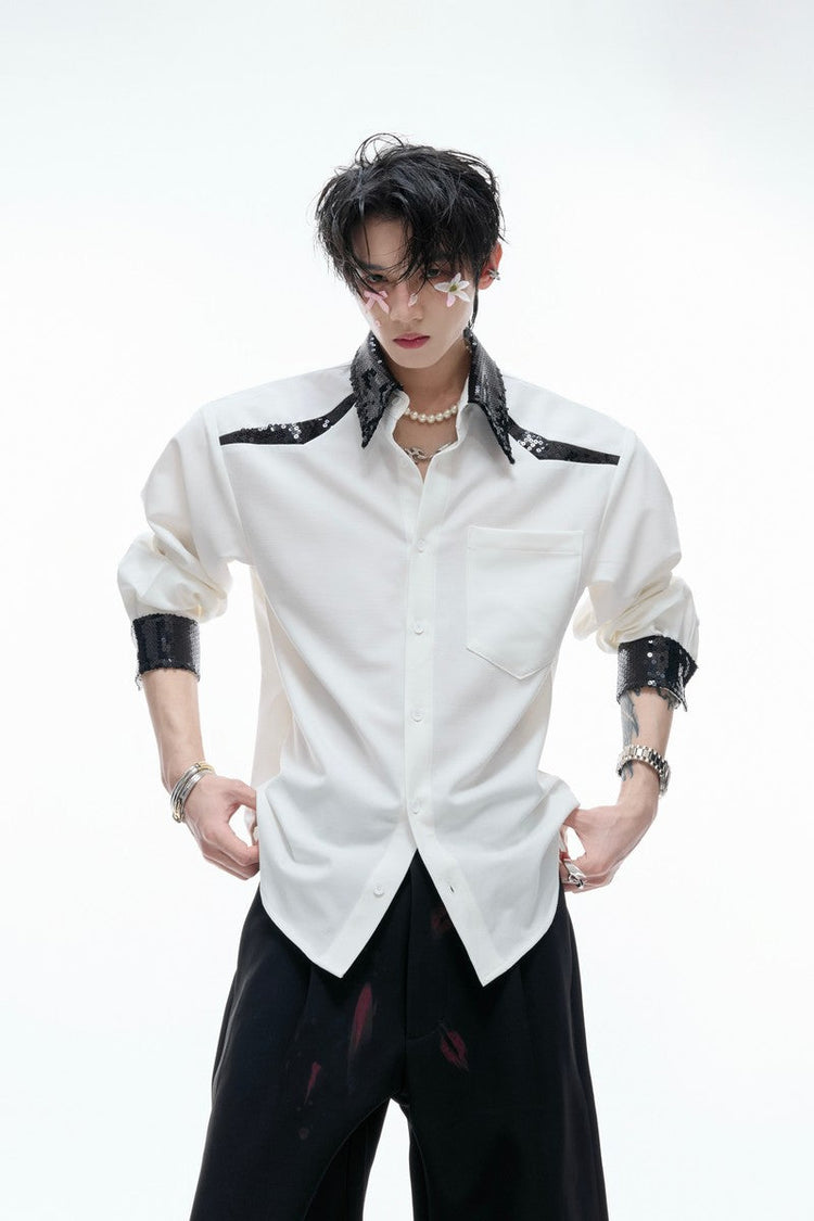 Colorblock Sequin Draped Shoulder Shirt — Argue Culture — view 3