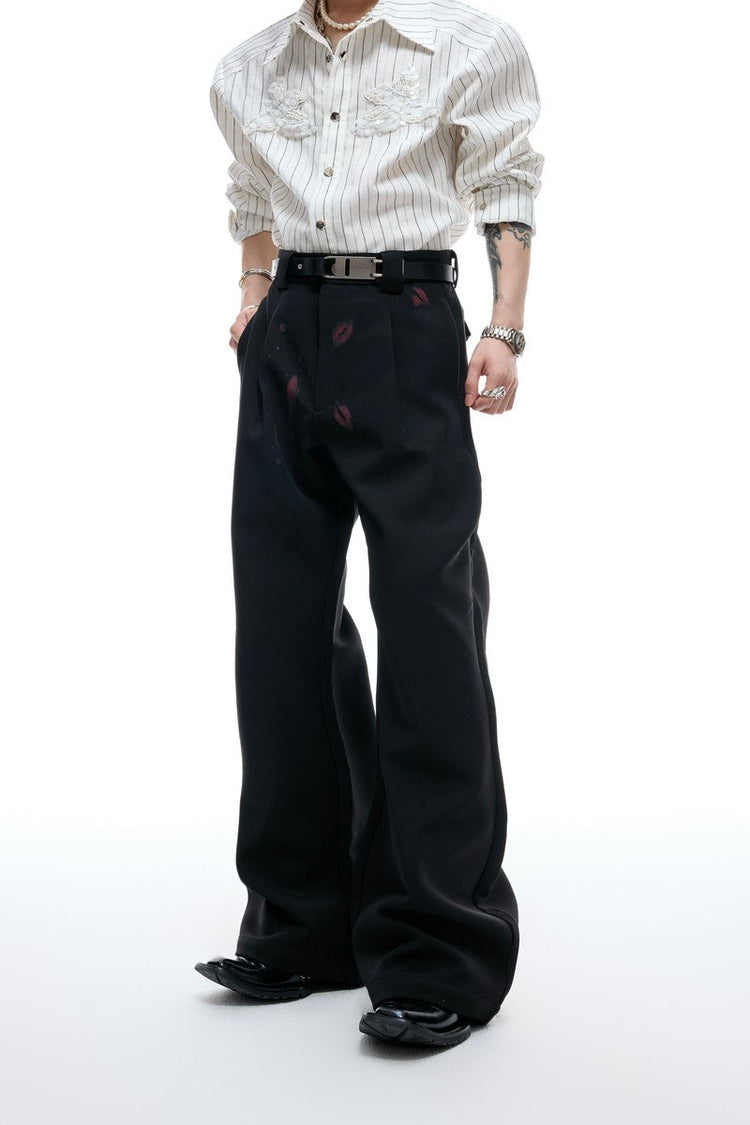 Lipstick Print Pleated Flare Trousers — Argue Culture — view 4