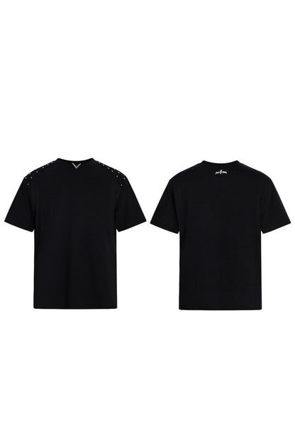 Pleated Studded V-Neck T-Shirt