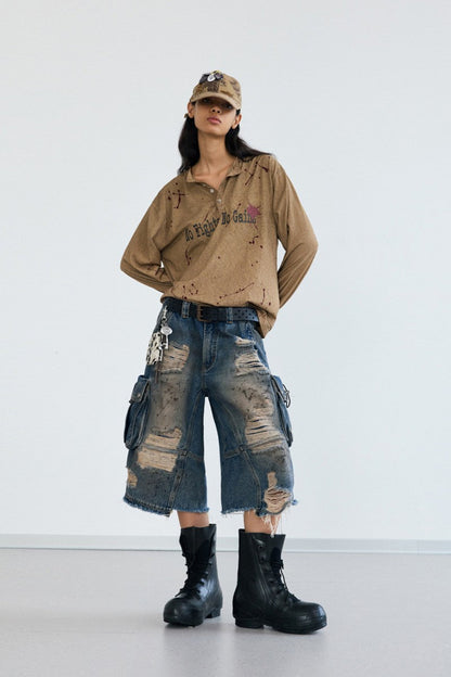 Deconstructed Washed Capri Jeans