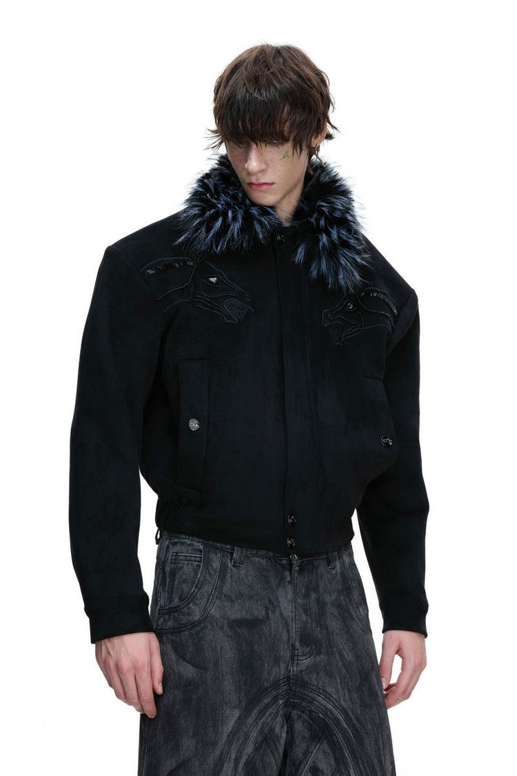 Suede Fur Collar Embellished Jacket