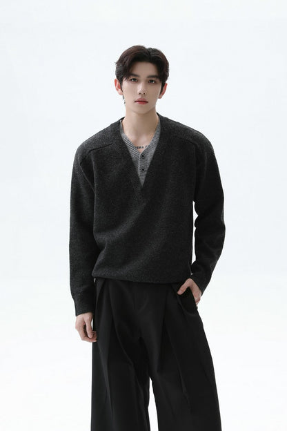 Layered Look Wool V Neck Sweater