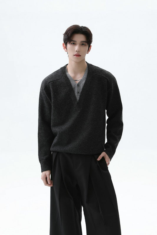 Layered Look Wool V Neck Sweater