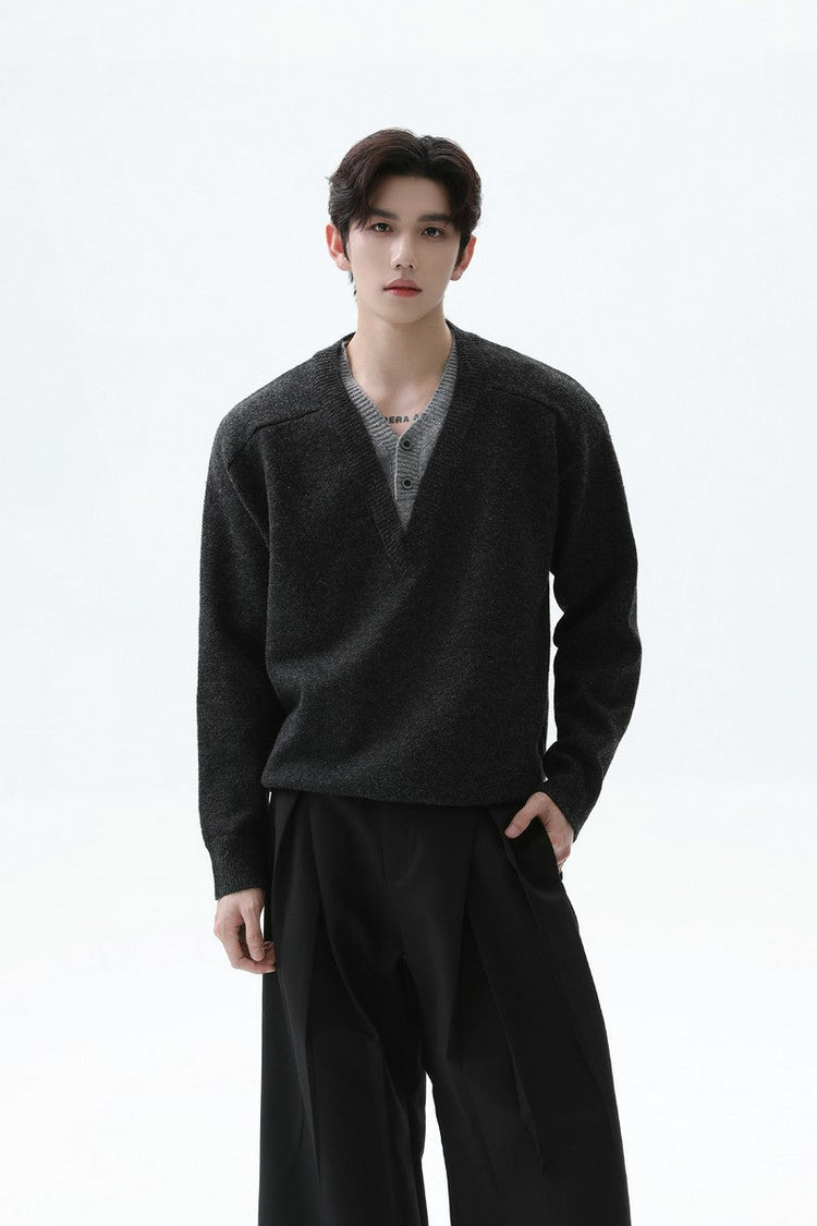 Layered Look Wool V Neck Sweater