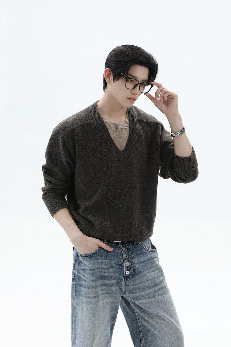 Layered Look V-Neck Wool Sweater — Turntide — view 3