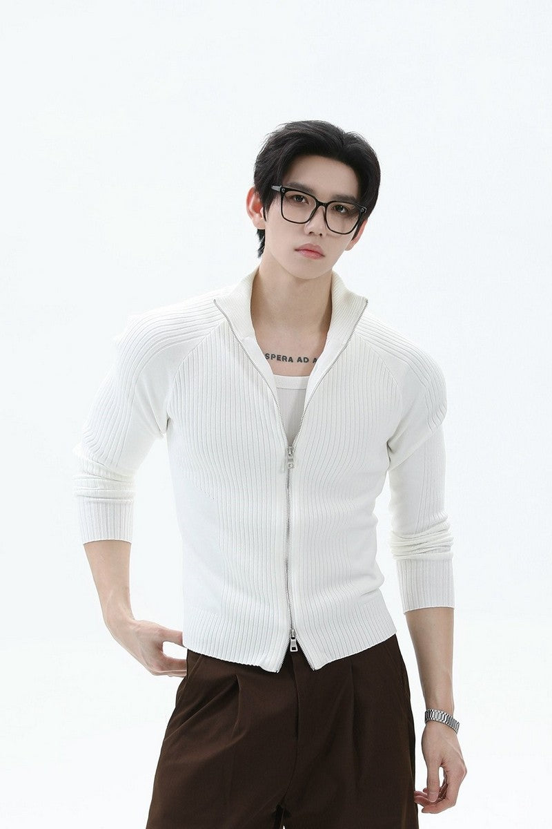 Fitted Ribbed Knit Zip Cardigan