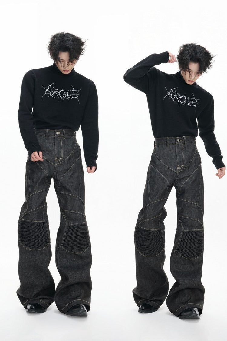 Raw Denim Biker Flared Jeans