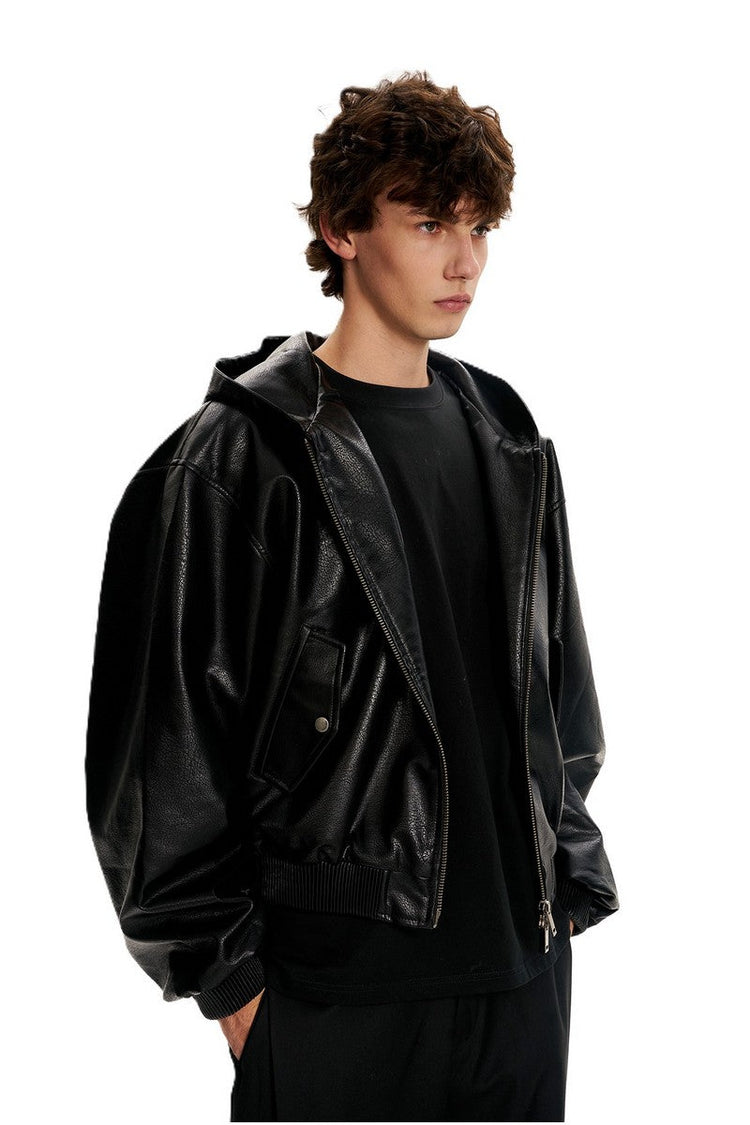 Black PU Hooded Jacket — Trenqor Basics — view 2
