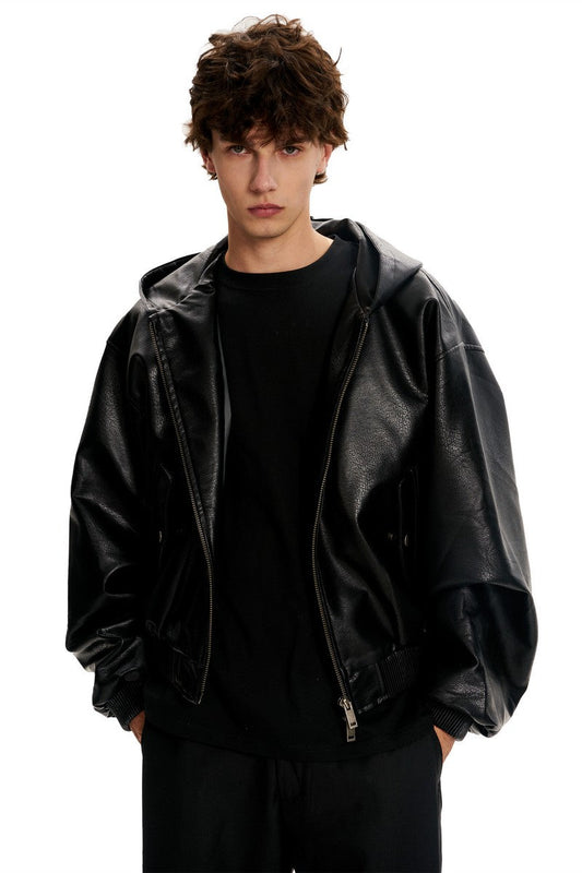 Black PU Hooded Jacket