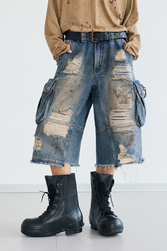 Deconstructed Washed Capri Jeans