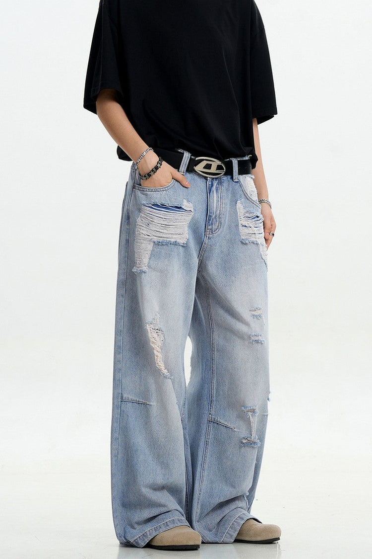 Light Blue Ripped Loose Jeans — Trenqor Basics — view 3